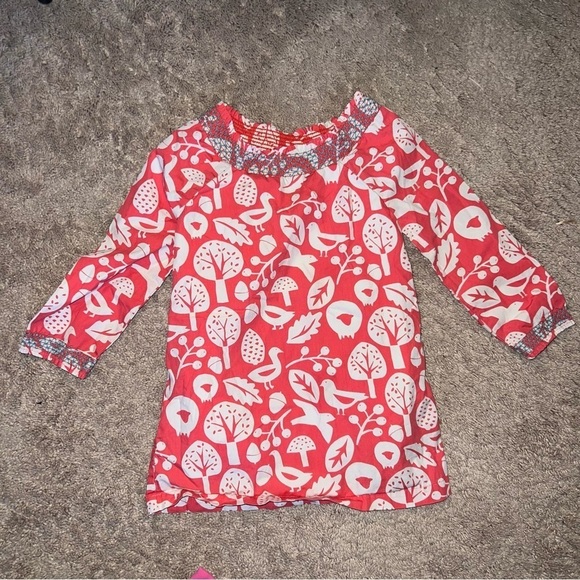 Boden Mini Boden Orange  Lined Dress With Birds Trees Mushrooms Size 2-3 Years - Picture 3 of 8